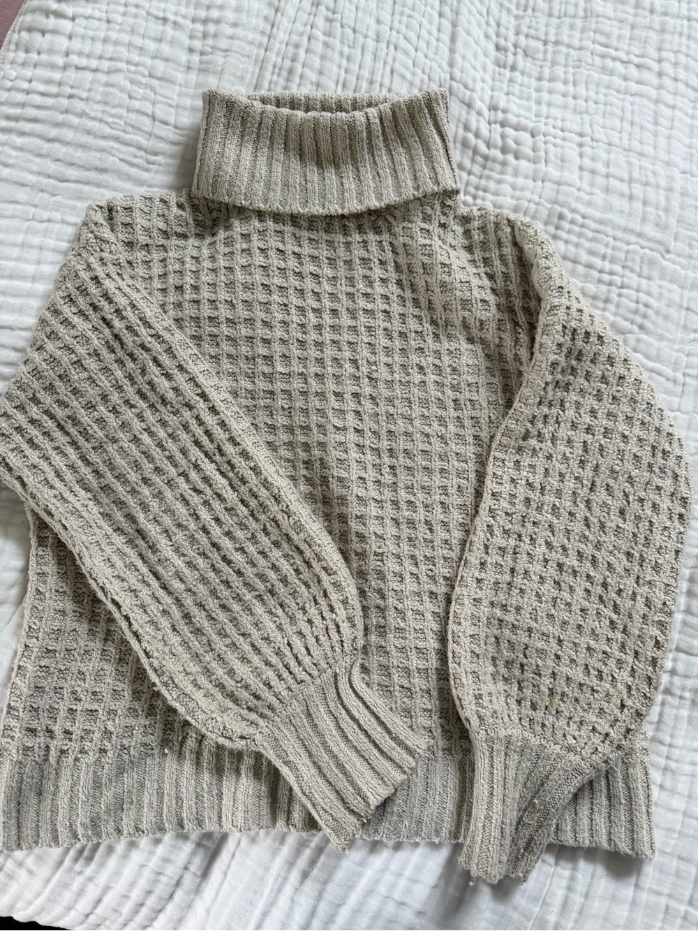 Neuflora Waffle-Knit Turtleneck Sweater in Light Beige